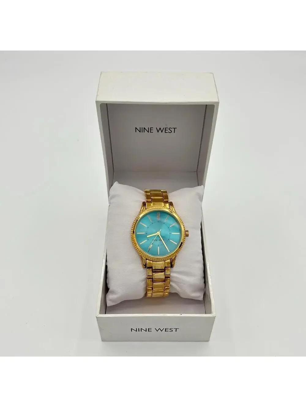 Nine West Gold-Tone Turquoise Sunburst Dial Minimalist Chic Ladies Watch w/ Box